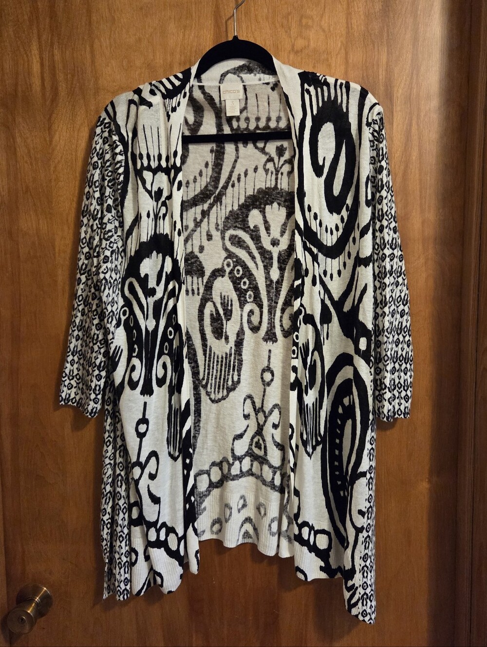 Chico's Black and White Open-Front Patterned Cardigan Linen Blend Size 3xl